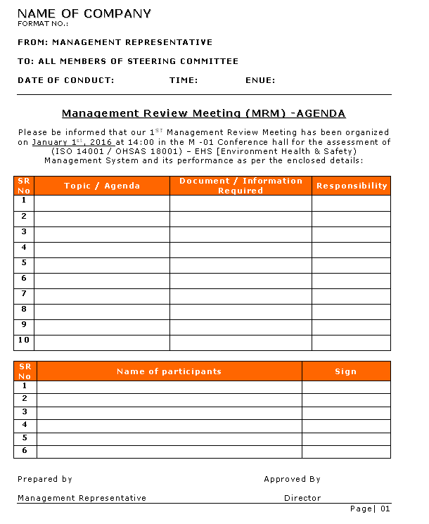 Management Reivew Meeting - MRM Agenda