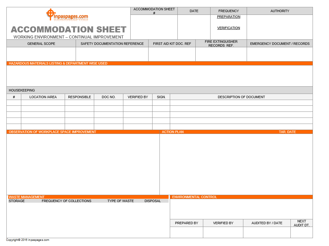Accommodation sheet | Format | Example | Template
