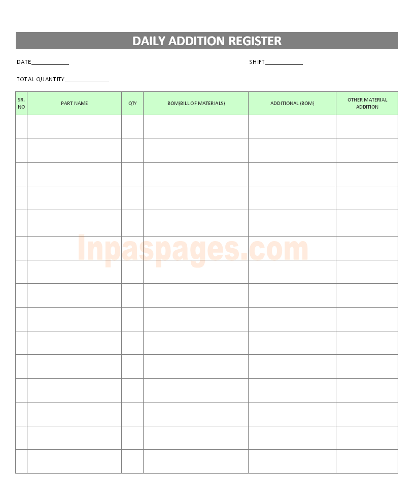 Daily Addition Register | Format | Example | Template