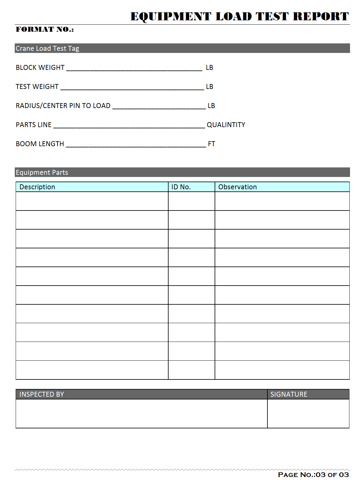 Equipment Load Test Form Format Samples Excel Document Download Free