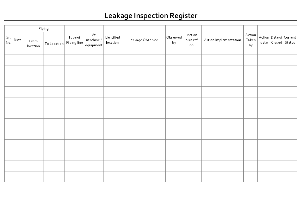 Leakage Inspection Register | Format | Example | Template