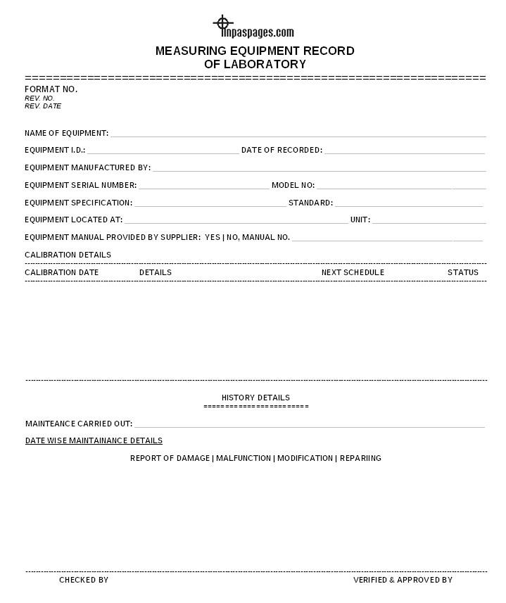 Measuring Equipment Record of Laboratory | Format | Example | Template
