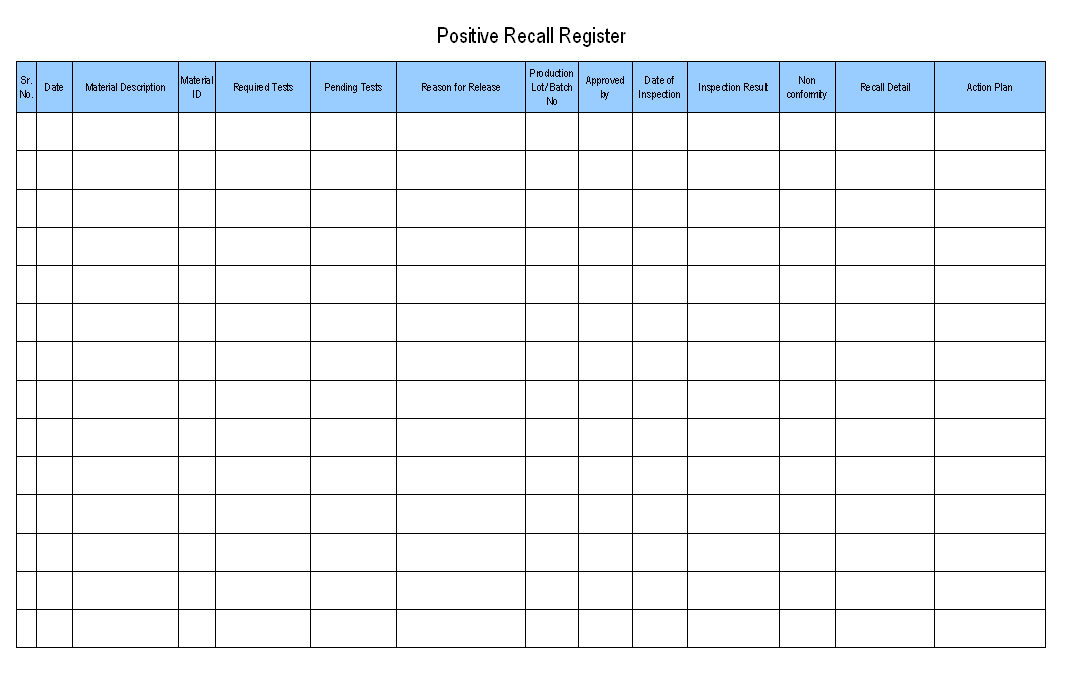 Positive recall register format samples word document download