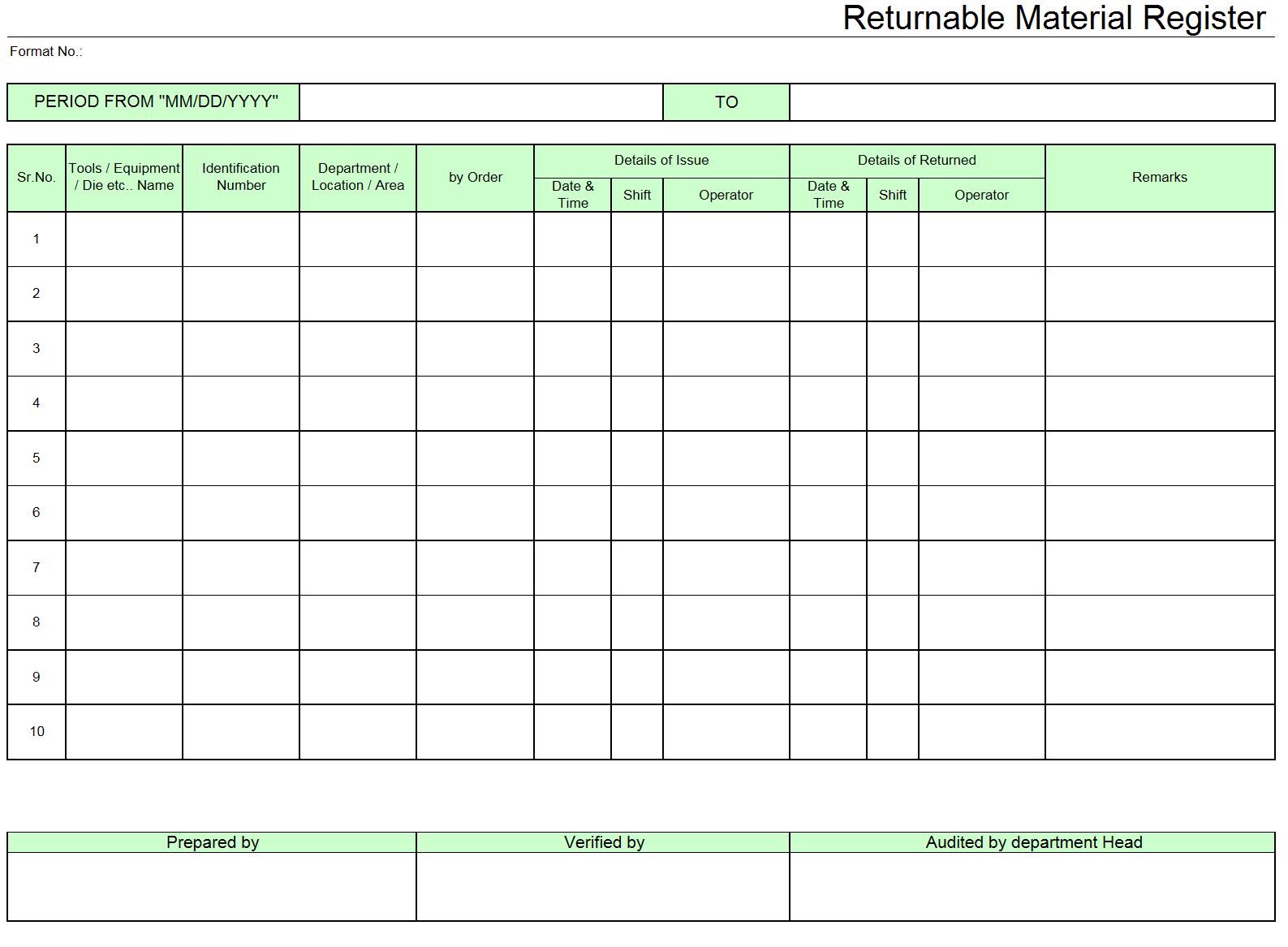 Returnable Material Register Format Samples Word Document Download