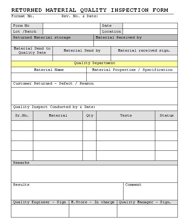 Returned Material Quality Inspection Form