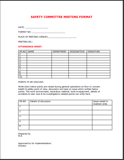 Safety committee meeting format Samples Word Document Download