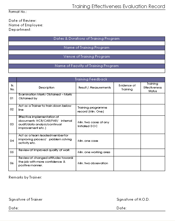 Training Effectiveness Evaluation Record Format