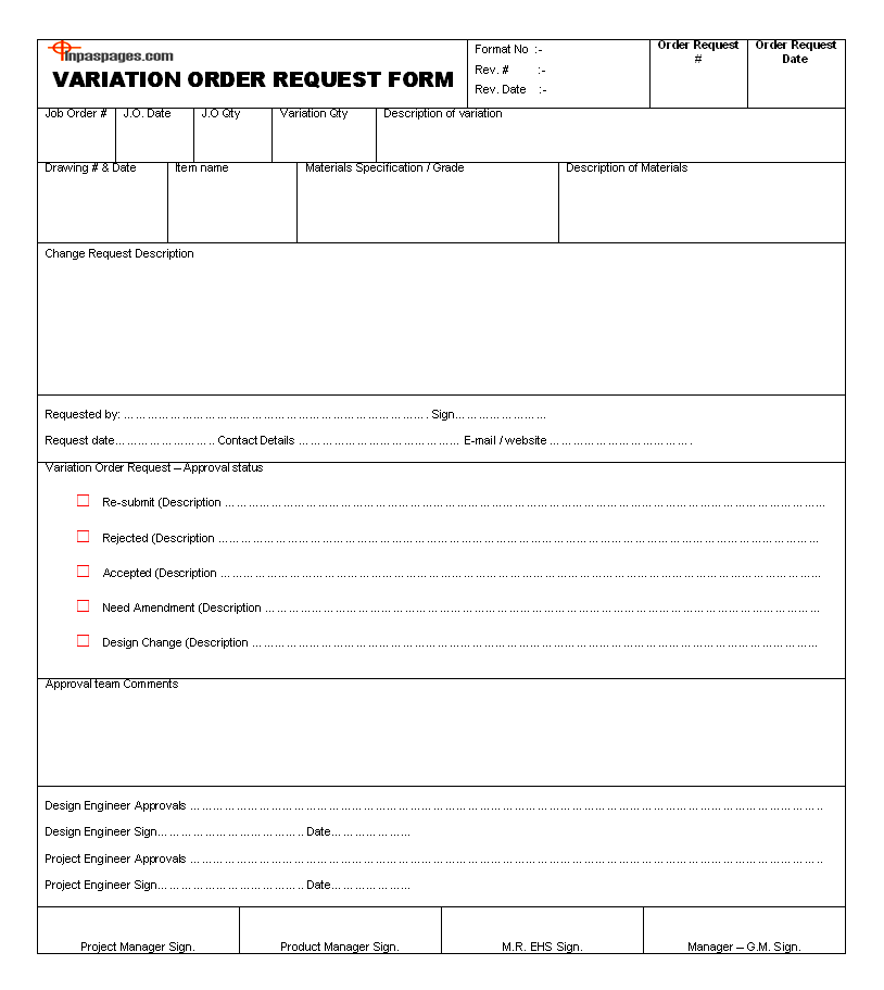 Variation Order Request Form Format