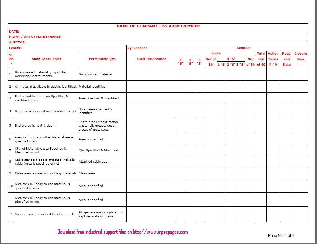 5S Audit checklist for Maintenance template