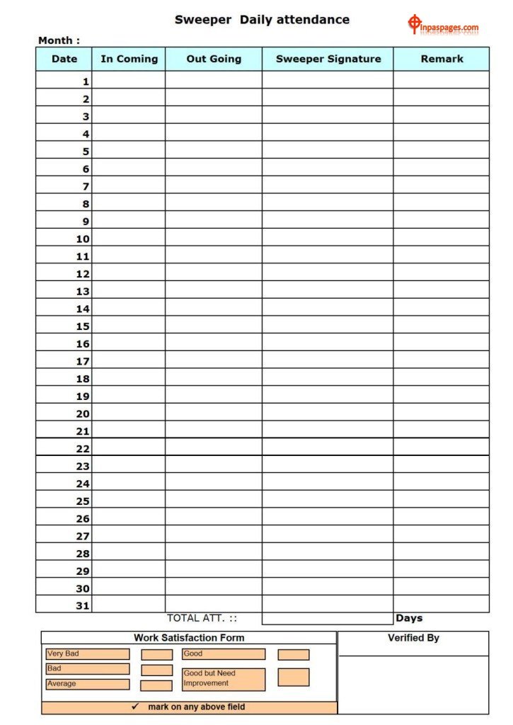 Sweeper Attendance sheet help to Human resource department to individual records that performance of sweeper held on daily basic, in 5S activity cleaning is most important part to improvement in organization, Kaizen, Lean, all most all major improvement systems are always focus on cleaning of each part of organization to increase life of parts of each departmental machineries, areas to convert better environment to employees / workmen. In 5S big part is concern with cleaning & house keeping; I have personal experience that 5S converting money, if on right tracks on cleaning & organize material. Human resource department also get benefit thought this record sheet, HR can identify personnel records to use in increment to grading of each sweeper on base of performance. Now days to build up this kinds of environment is much to give positive way to organization to make it clean as possible, this thoughts are also gives a motivation to sweeper to make clean each corner of organization. I personally force to you, apply this format in your company & capture details till one year, analysis this data on base of person wise, grades define for each sweepers, this must help to identify personal. 