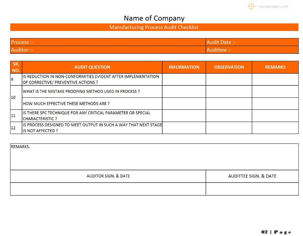 Process Audit checklist format, Process Audit checklist template, Process Audit checklist example, Process Audit checklist sample