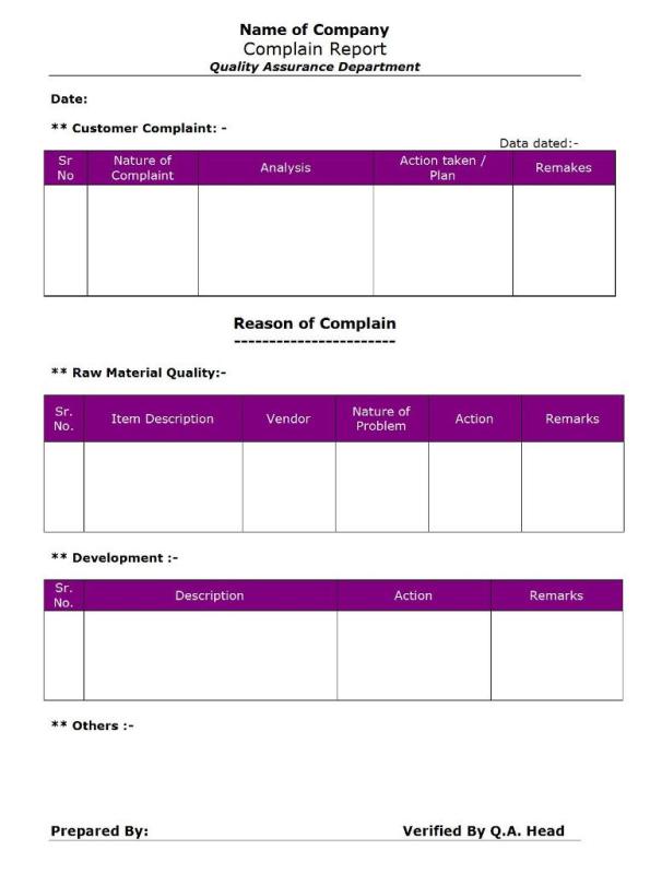 Complain Report - QC / QA