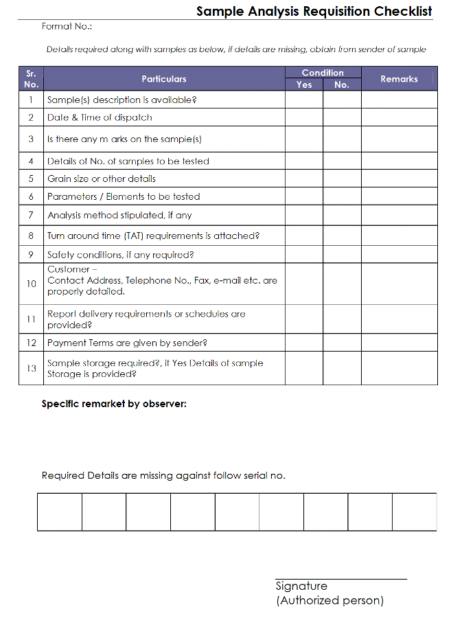 Sample Analysis Requisition Checklist