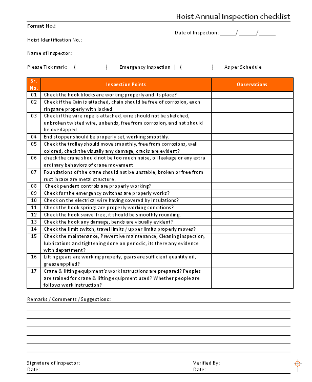 Hoist Inspection Checklist format
