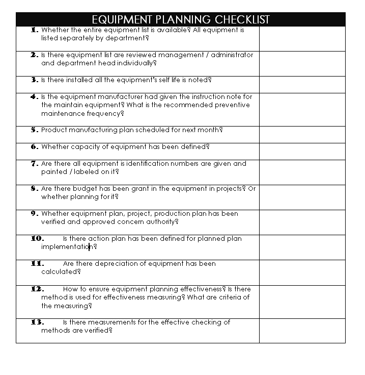  Equipment planning checklist