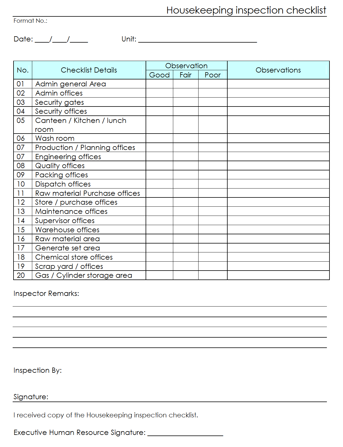 Workplace housekeeping inspection checklist for factory