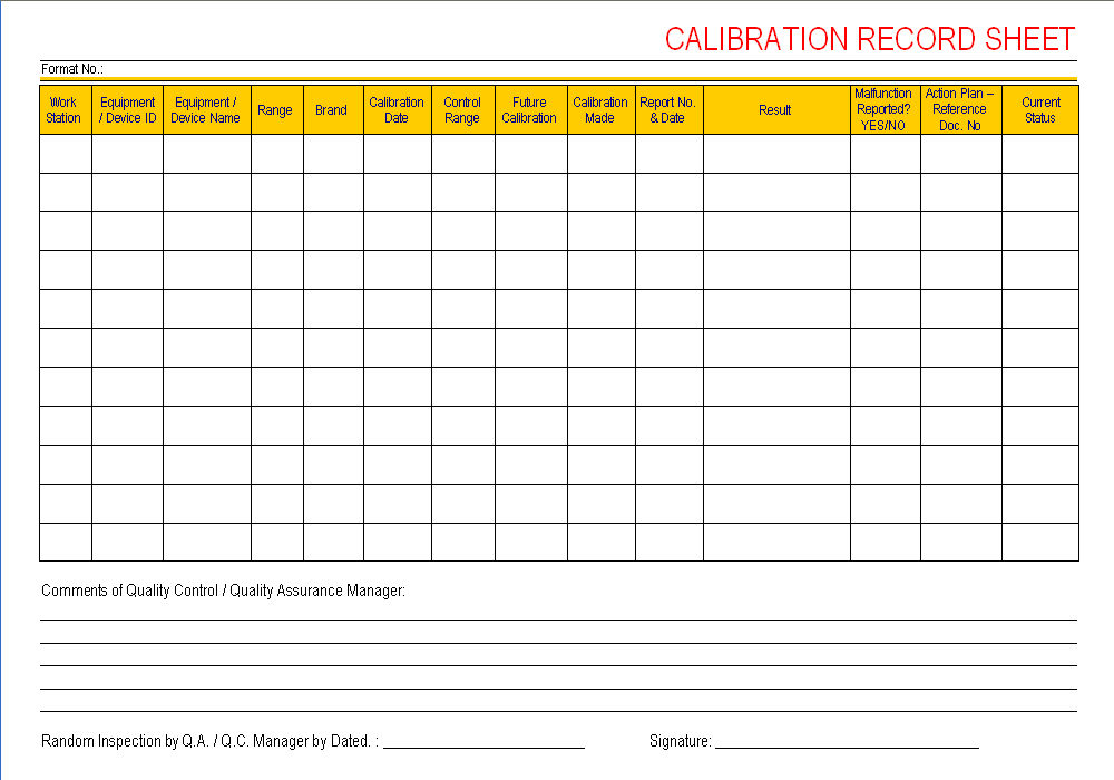 Calibration Record sheet