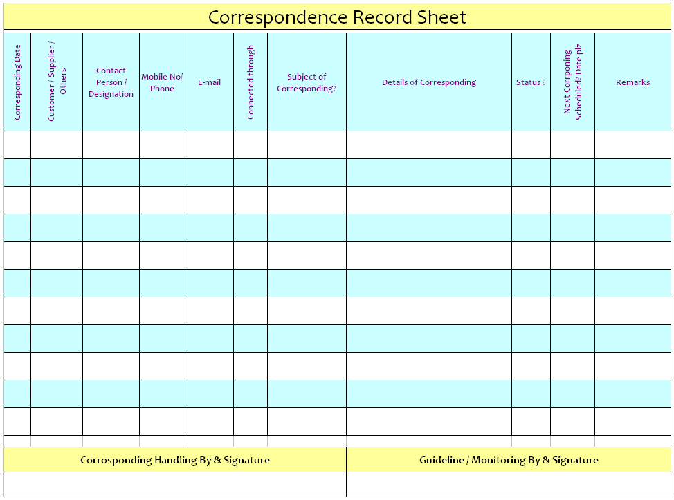 Correspondence Record Sheet