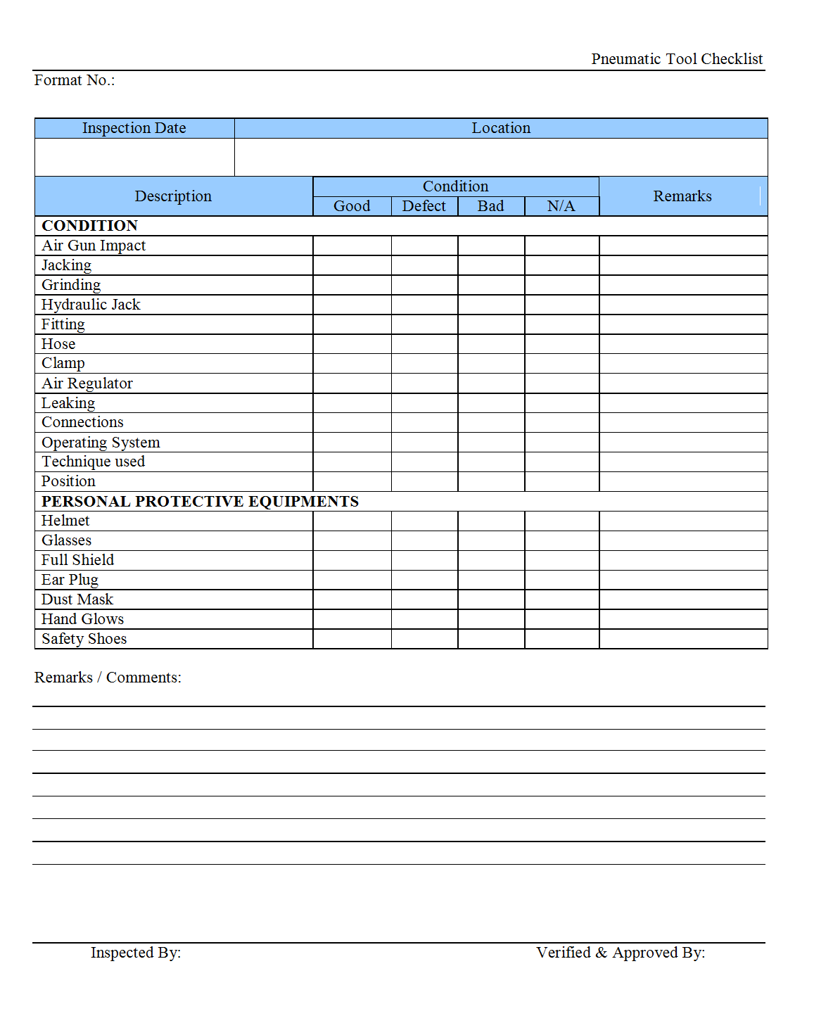 Pneumatic tool checklist