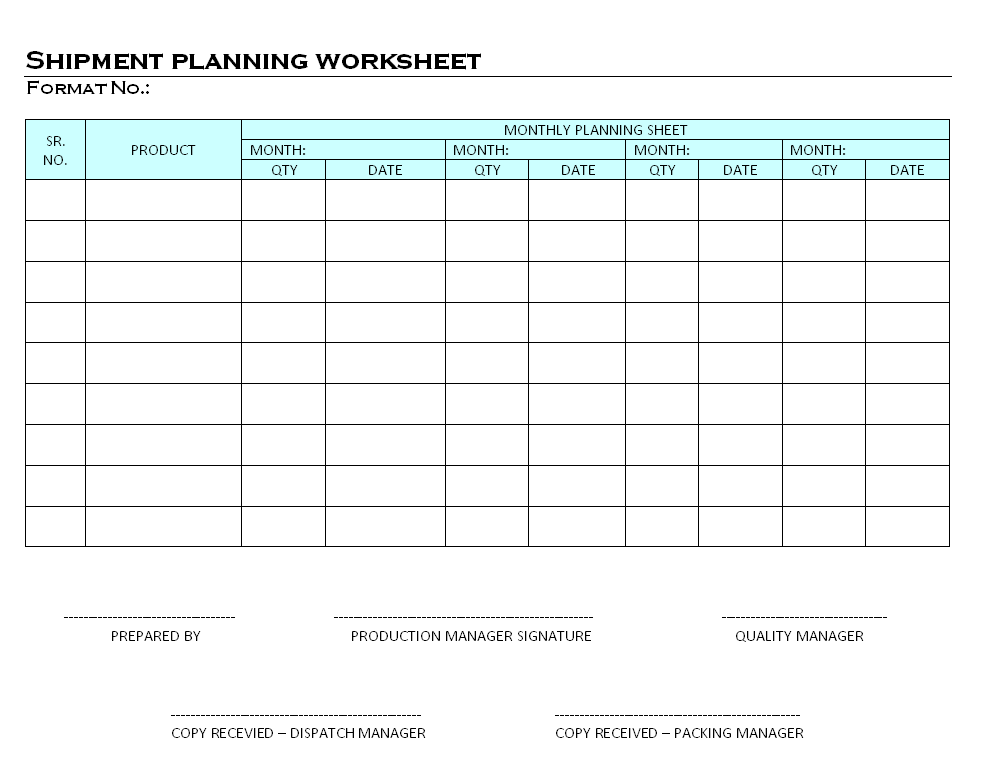 Shipment planning worksheet
