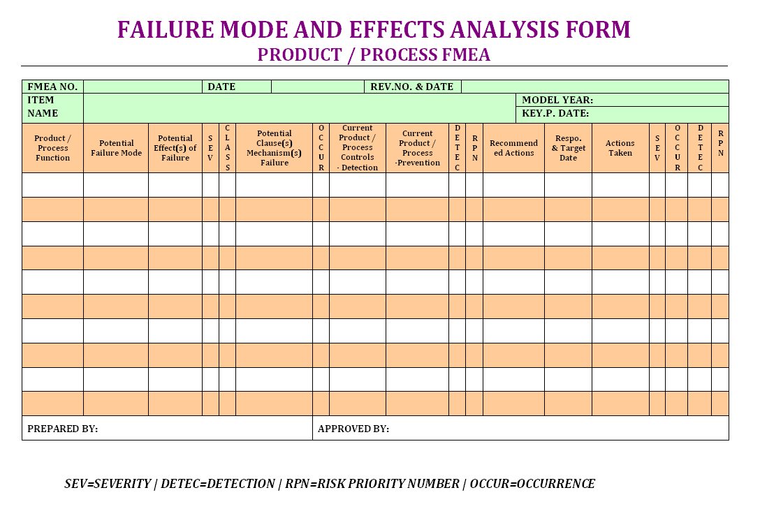 Failure mode effects analysis form, PFMEA