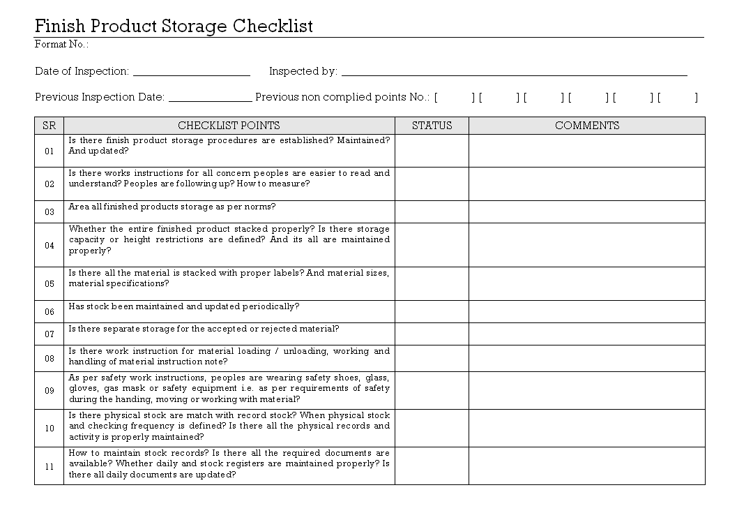 Finished Product Storage checklist