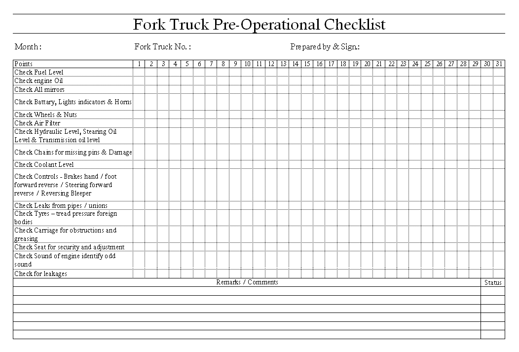 Fork truck pre-operational checklist