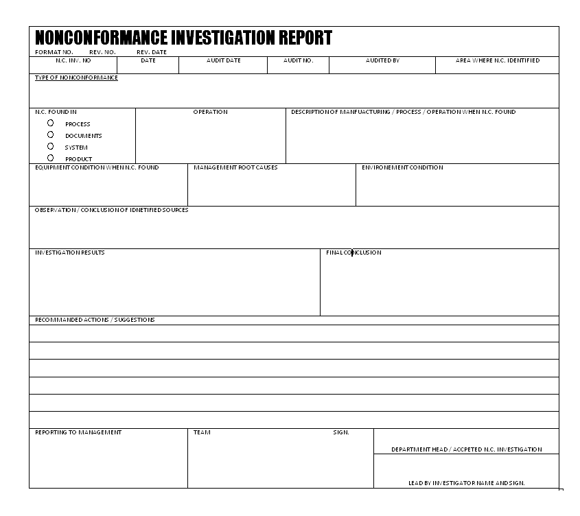 Non conformance investigation report