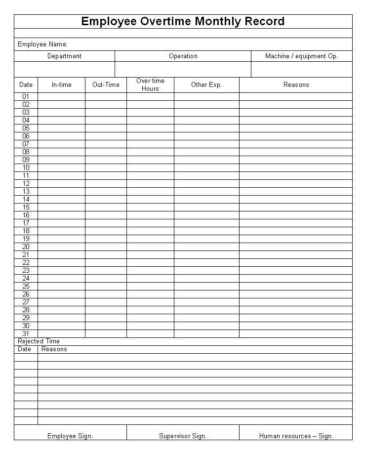 Employee monthly overtime worksheet