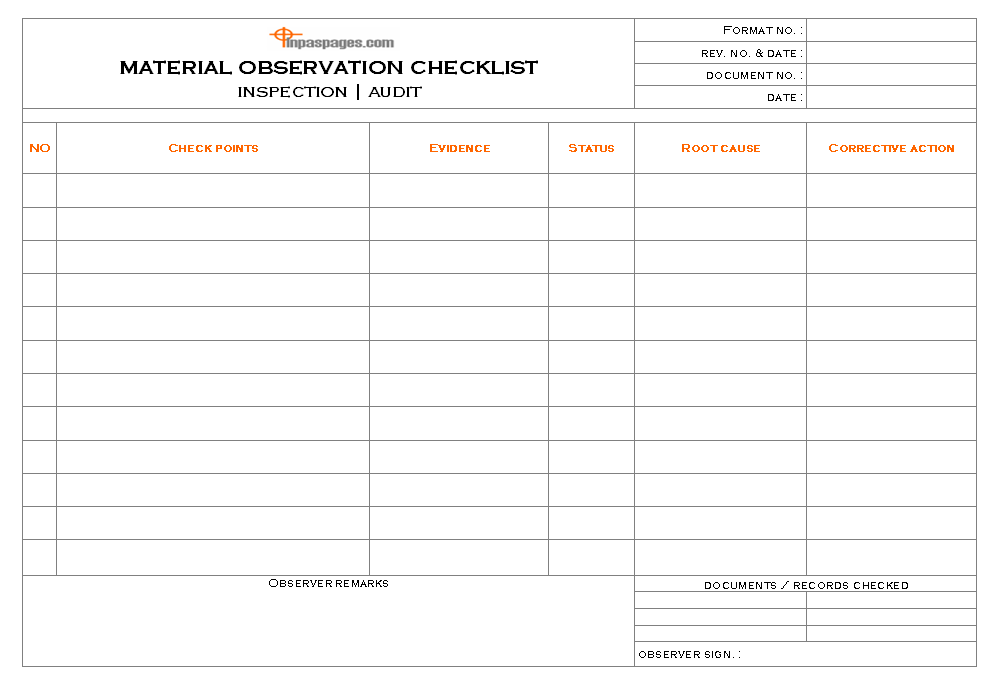 Material observation checklist