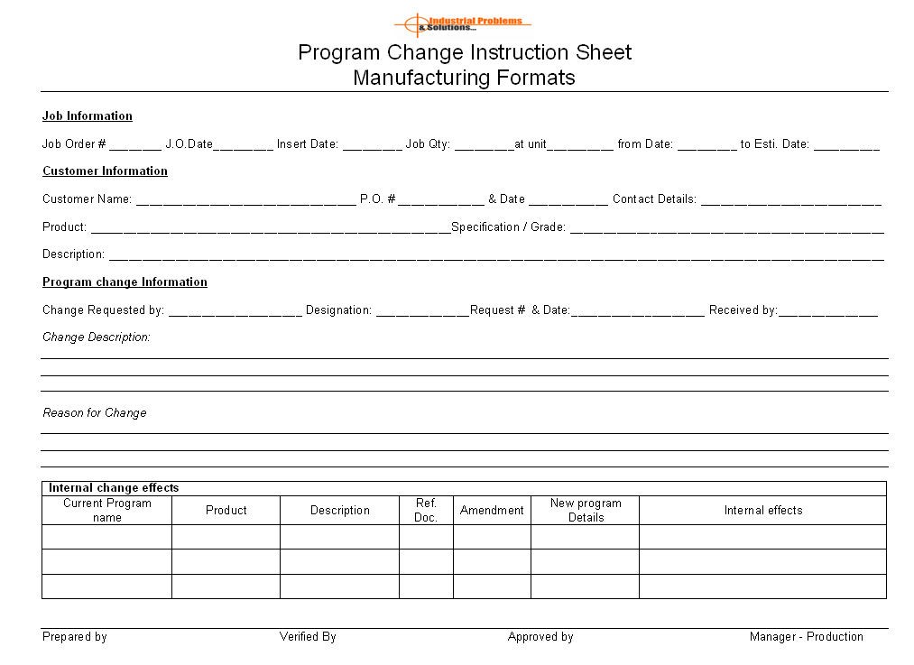 Program change instruction sheet