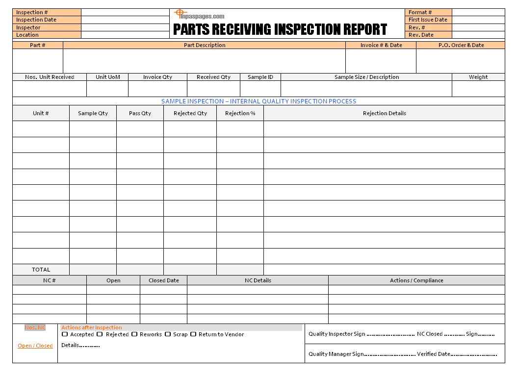 Parts receiving inspection report