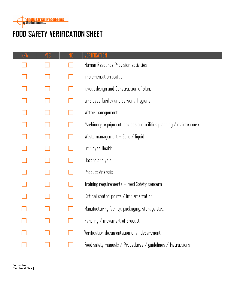 Food safety verification sheet