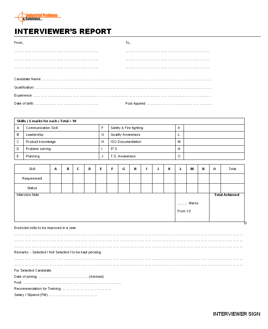 Interviewer’s report template