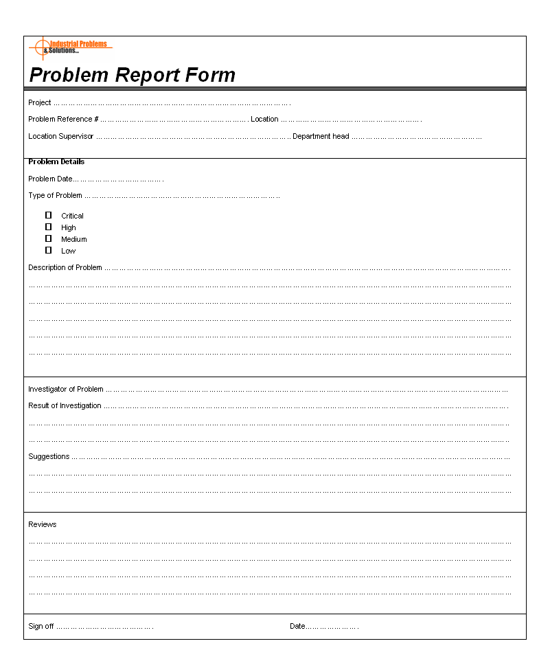 Problem report form template, Problem reporting