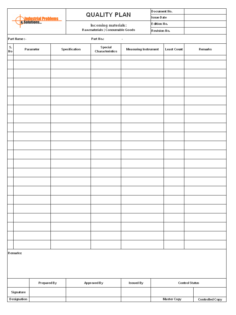 Quality plan: incoming materials template, Quality assurance plan