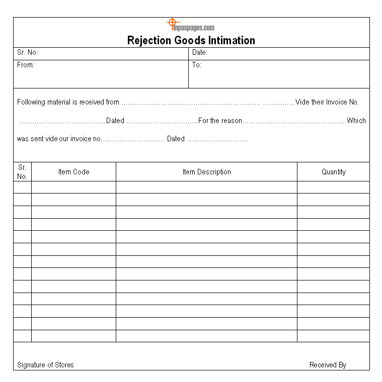 Rejection goods intimation template, rejected goods