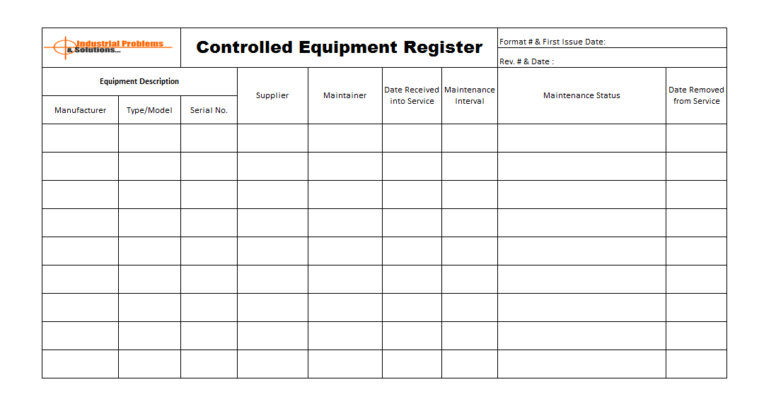 Controlled equipment register template, Equipment management