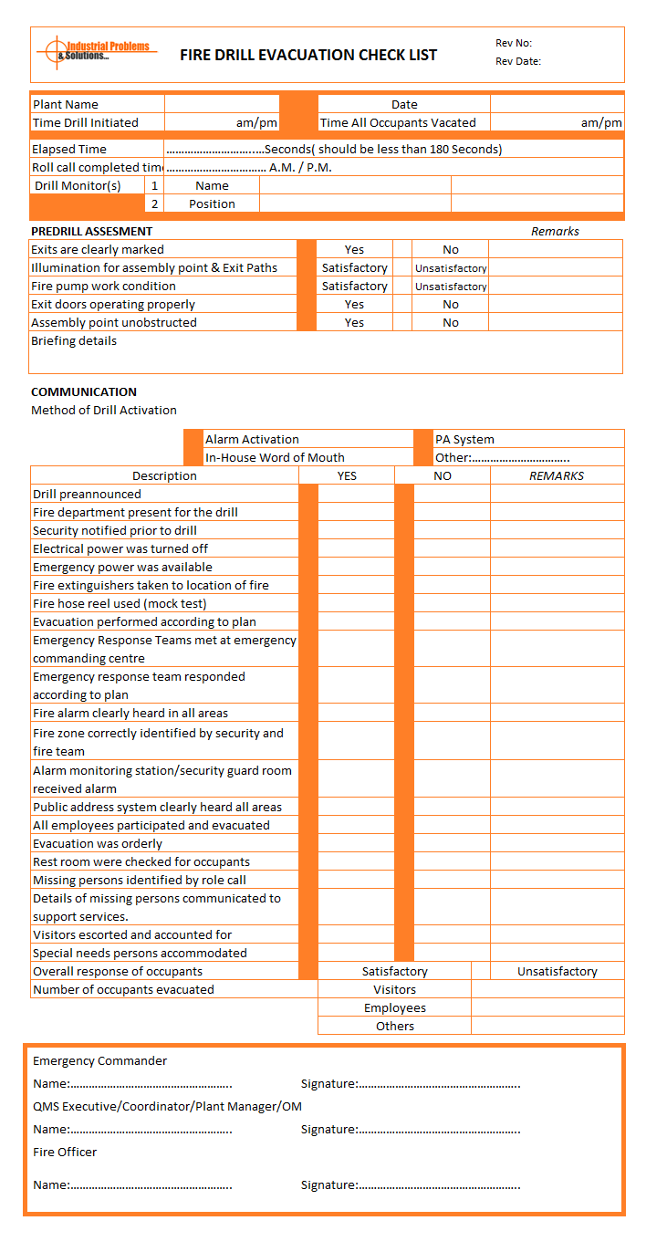 Fire drill evacuation checklist template, Fire drill