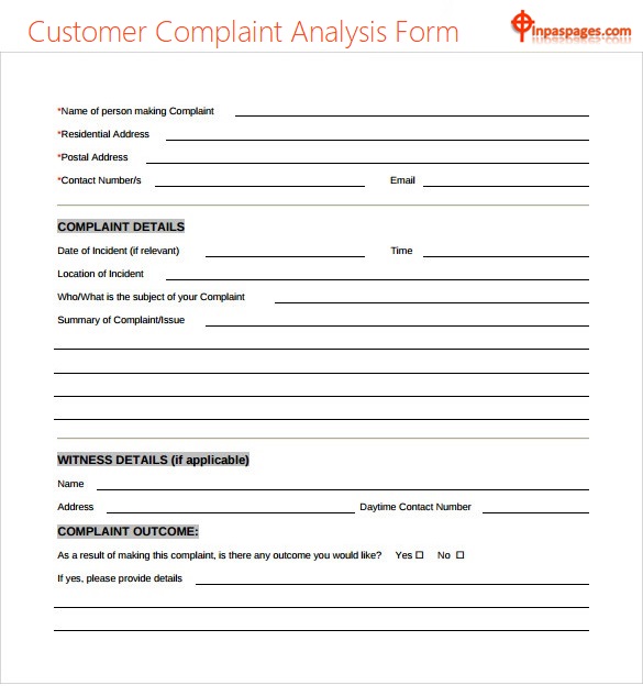 Customer Complaint Analysis Form