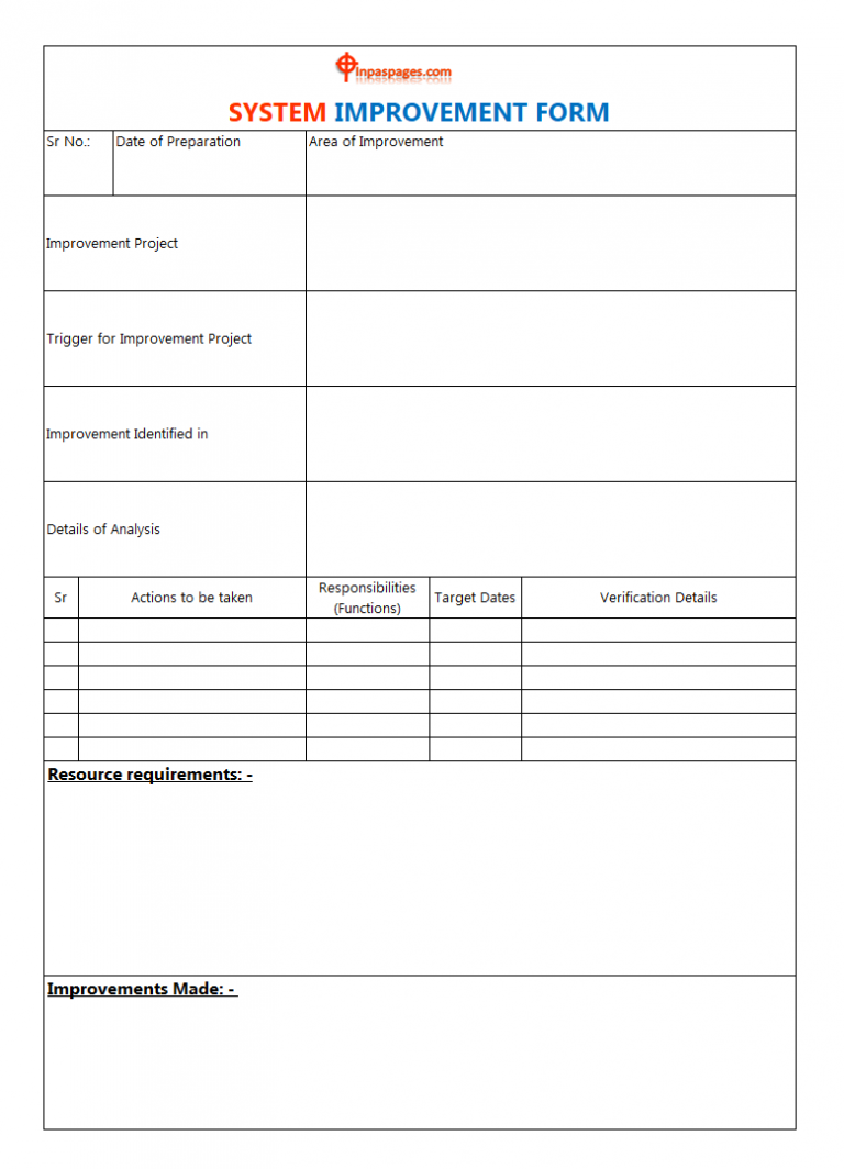 System improvement action form template