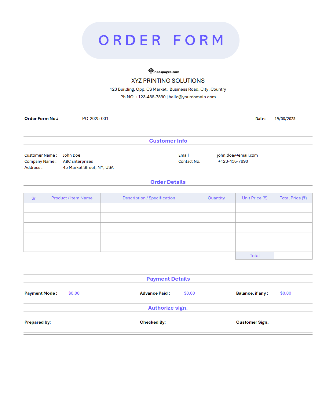 Sample Order form format