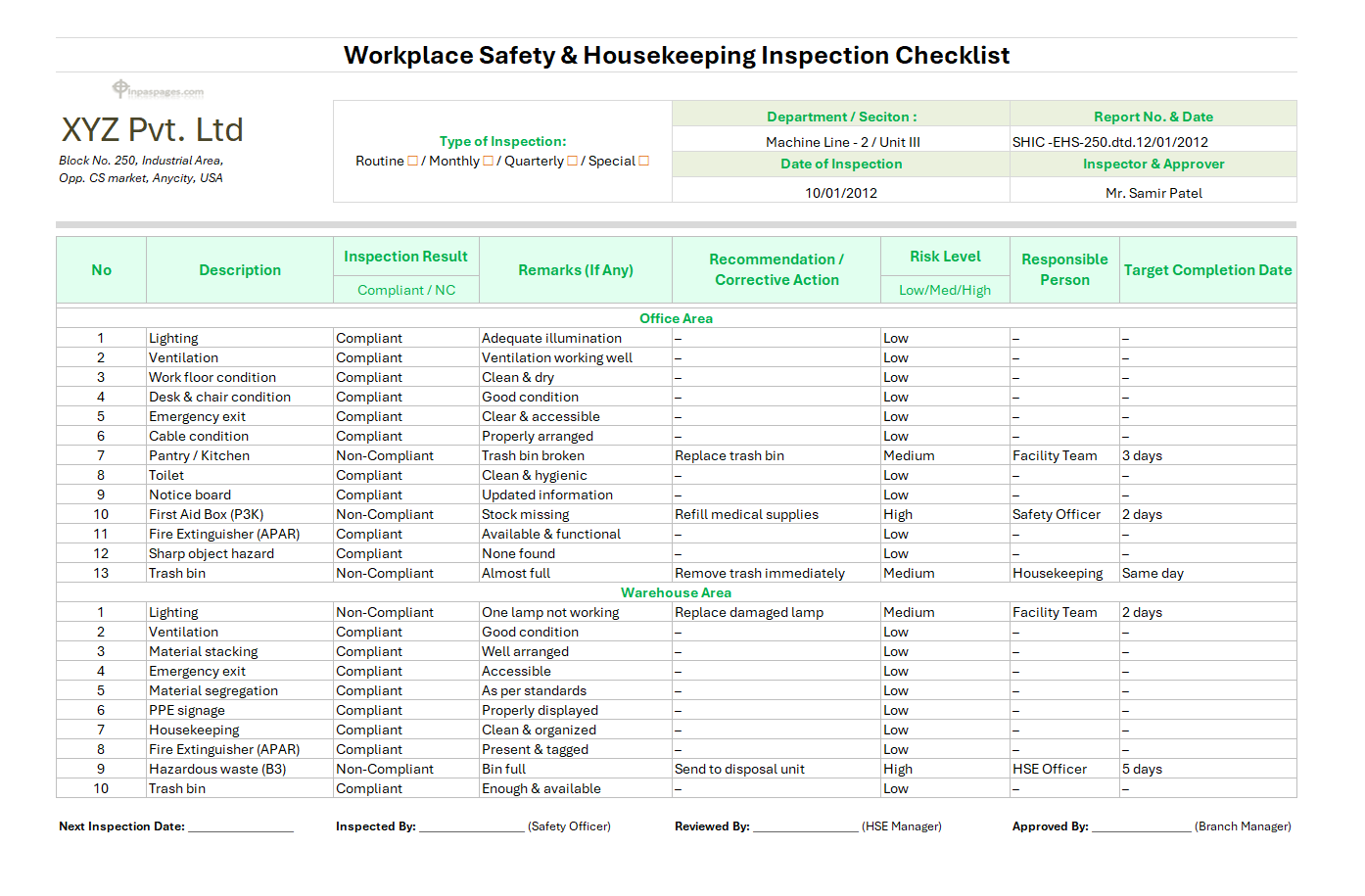Workplace Safety and Housekeeping Inspection Checklist