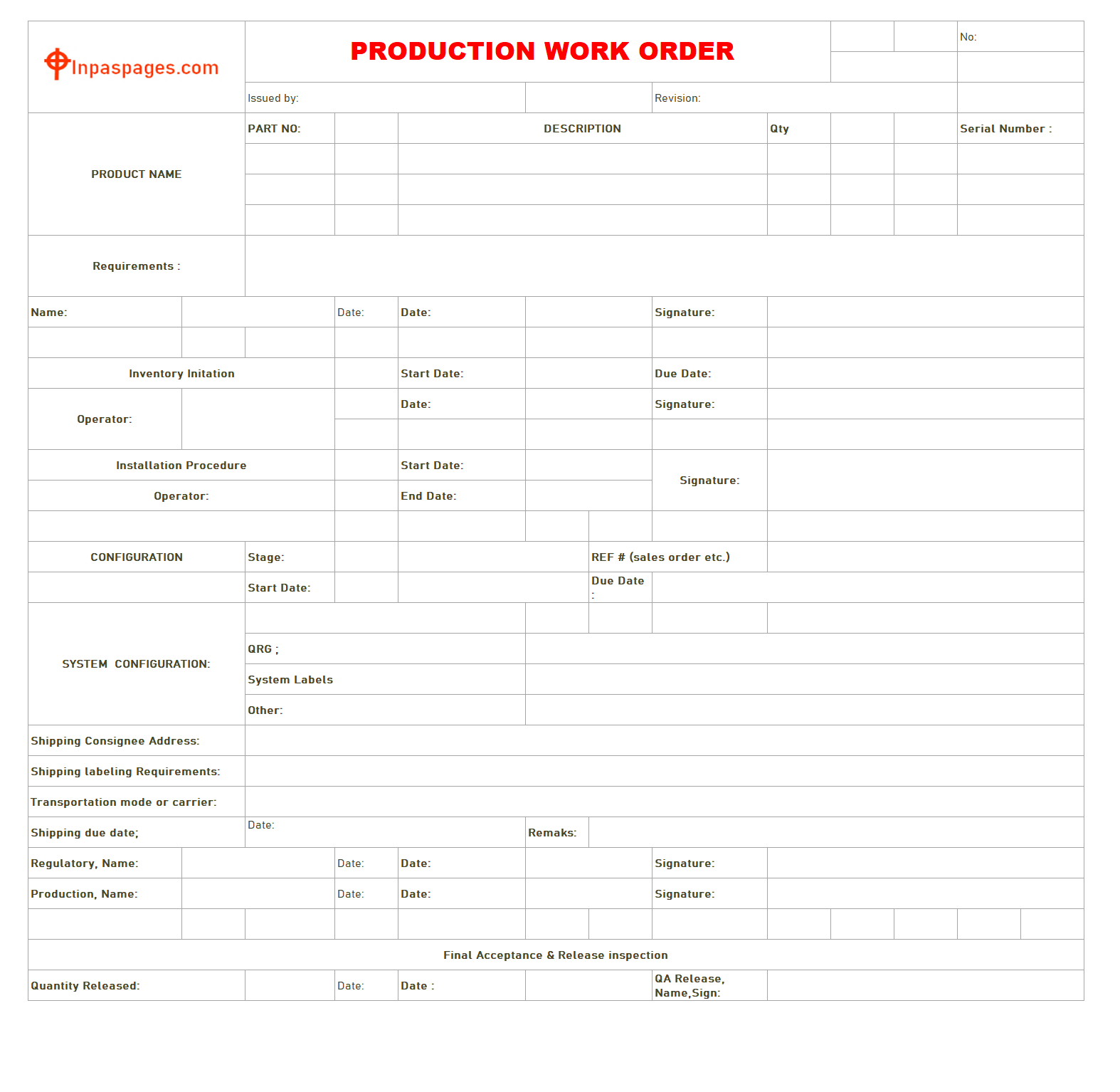 Production Work Order format, Production Work Order template, Production Work Order example, Production Work Order sample, Production Work Order pdf, Production Work Order ppt, Production Work Order excel sheet