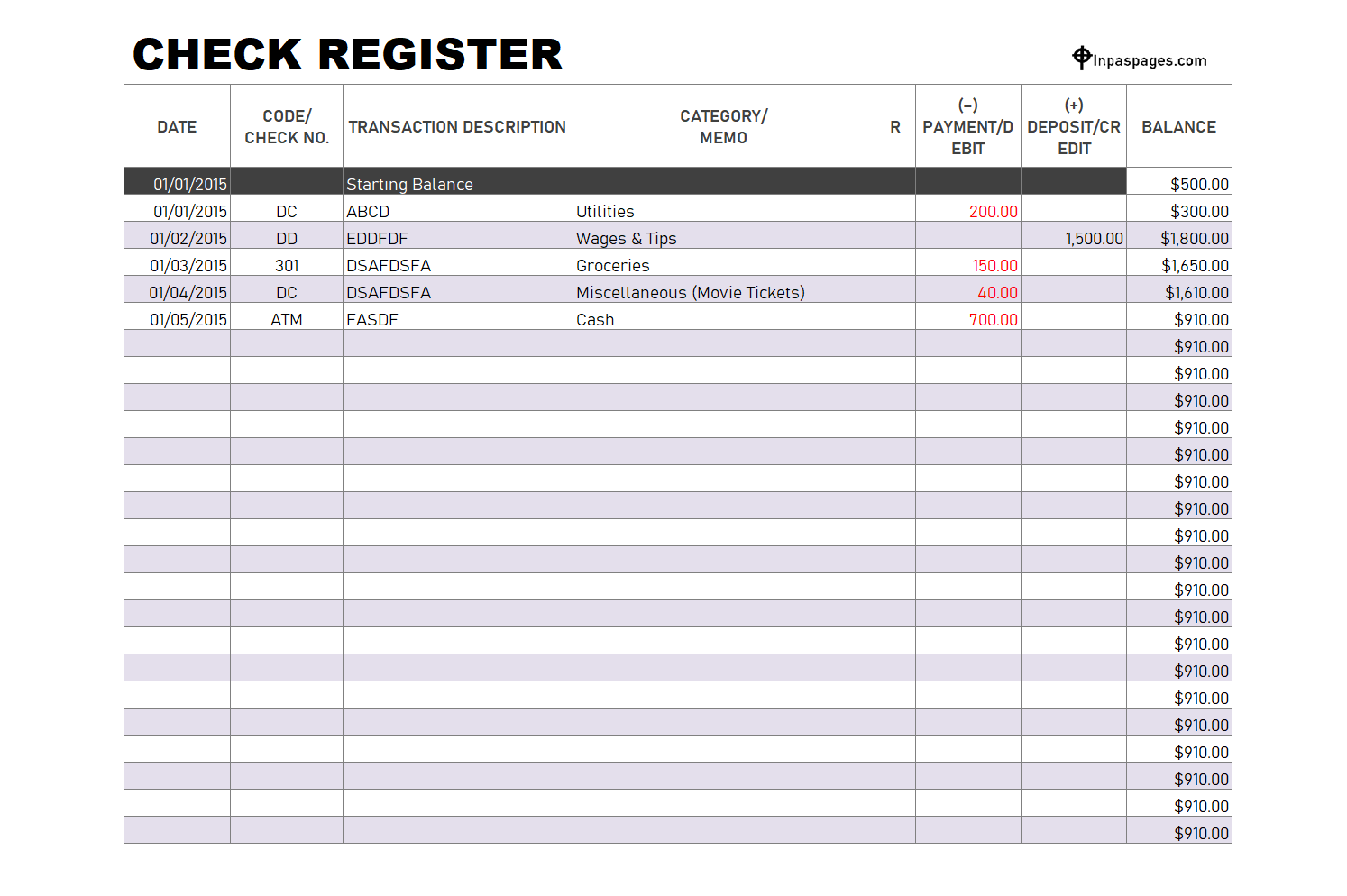 Excel checkbook register - check register | Free online template in Excel & PDF