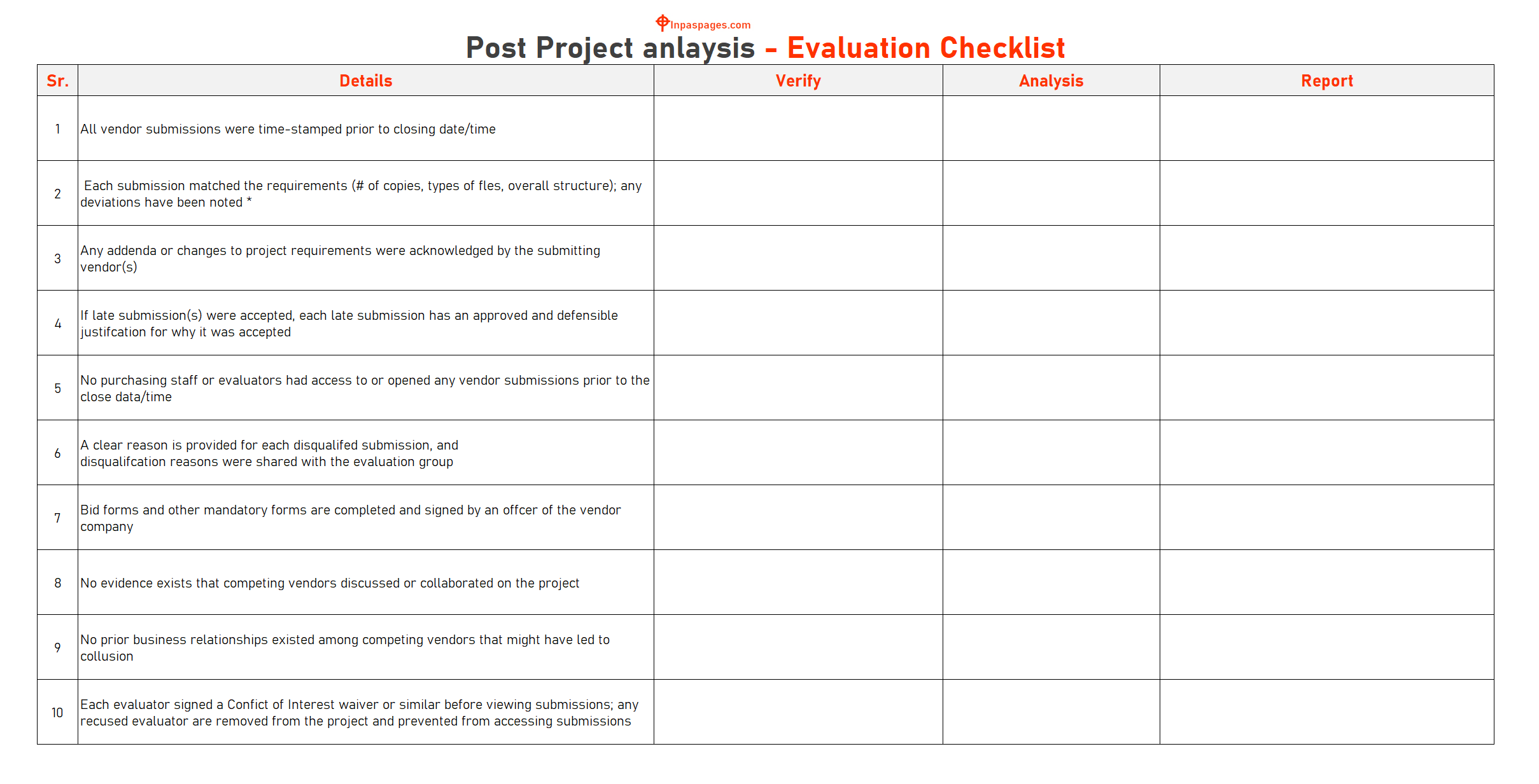 Post Project analysis checklist format, Post Project analysis checklist template, Post Project analysis checklist example, Post Project analysis checklist sample, Post Project analysis checklist pdf