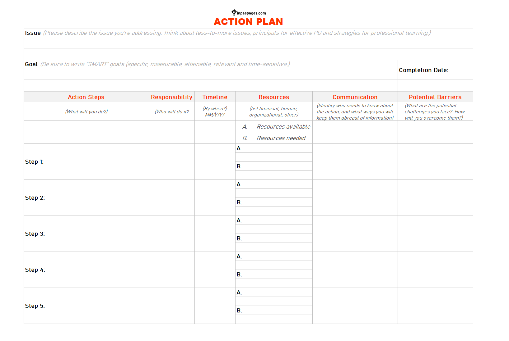Action Plan Template for Excel