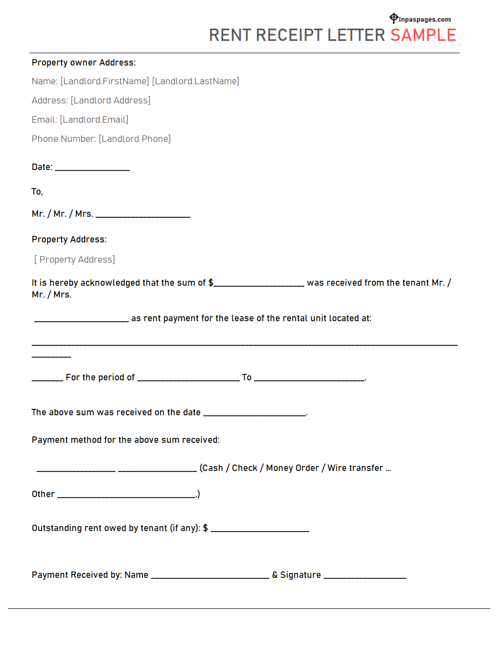 How to write rent receipt letter?, Sample