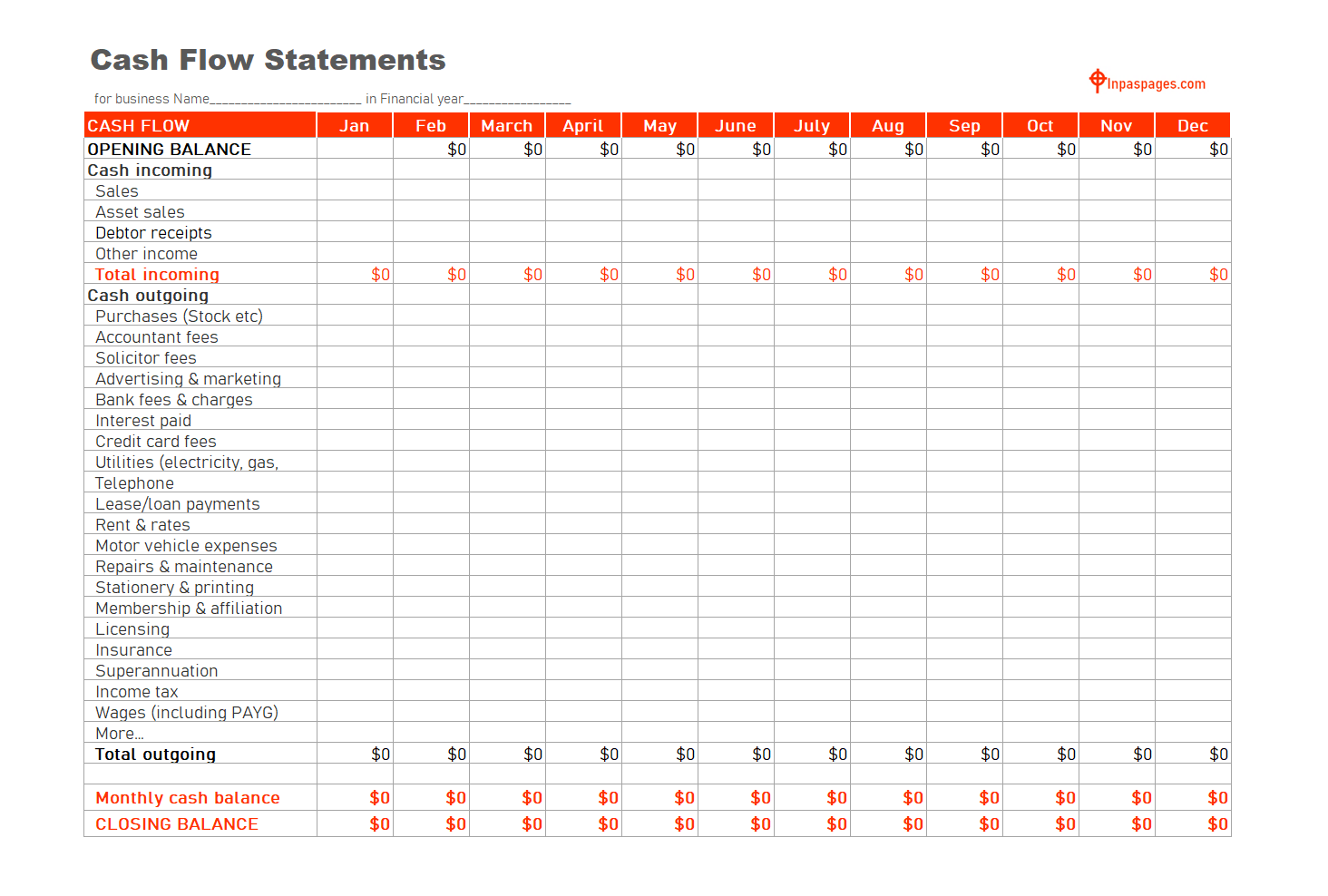 12 Month Cash Flow Statement Template excel, 12 Month Cash Flow Statement format, 12 Month Cash Flow Statement sample