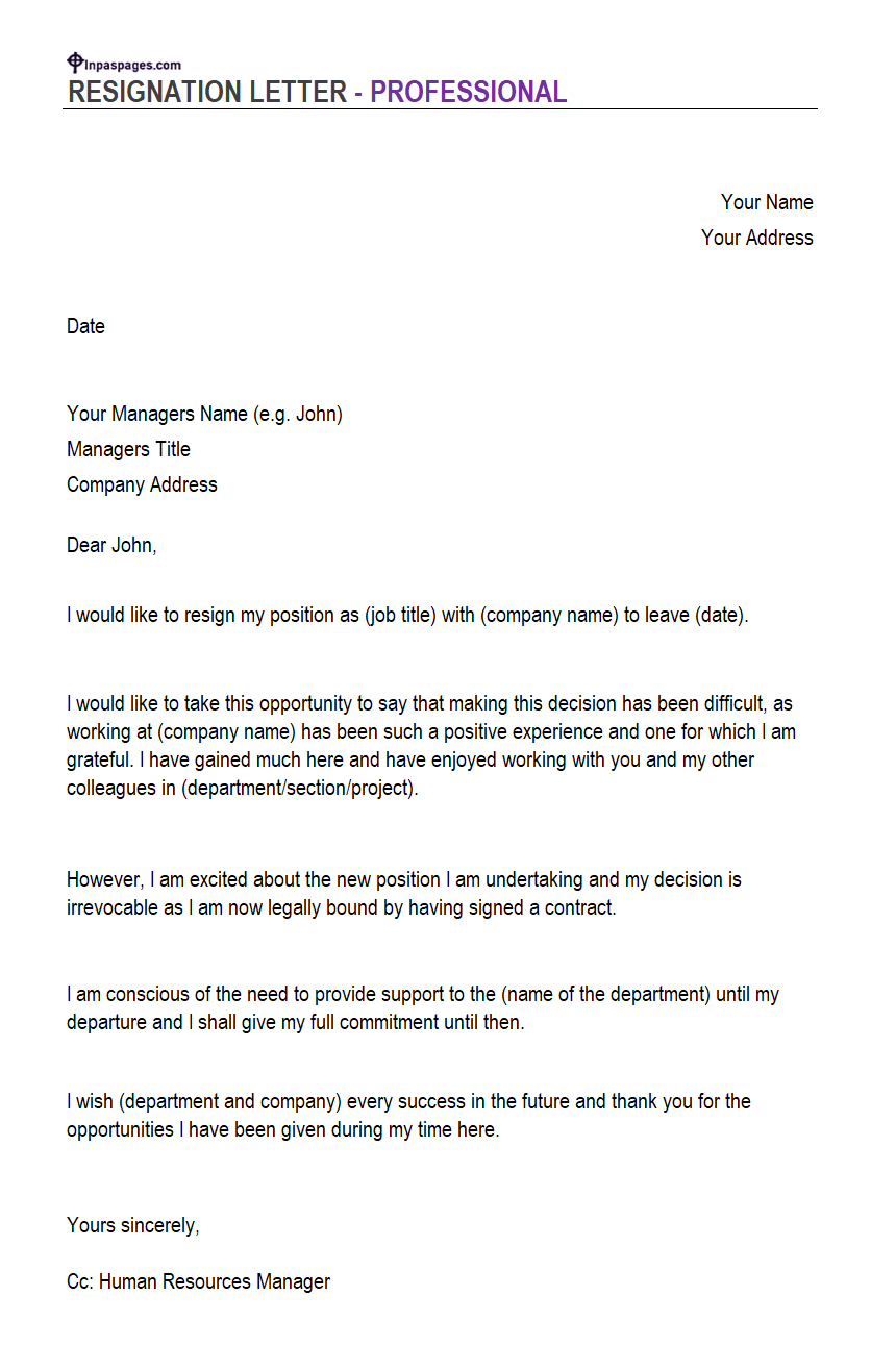 Professional Resignation letter format, Professional Resignation letter sample, Professional Resignation letter example, Professional Resignation letter pdf, Professional Resignation letter word